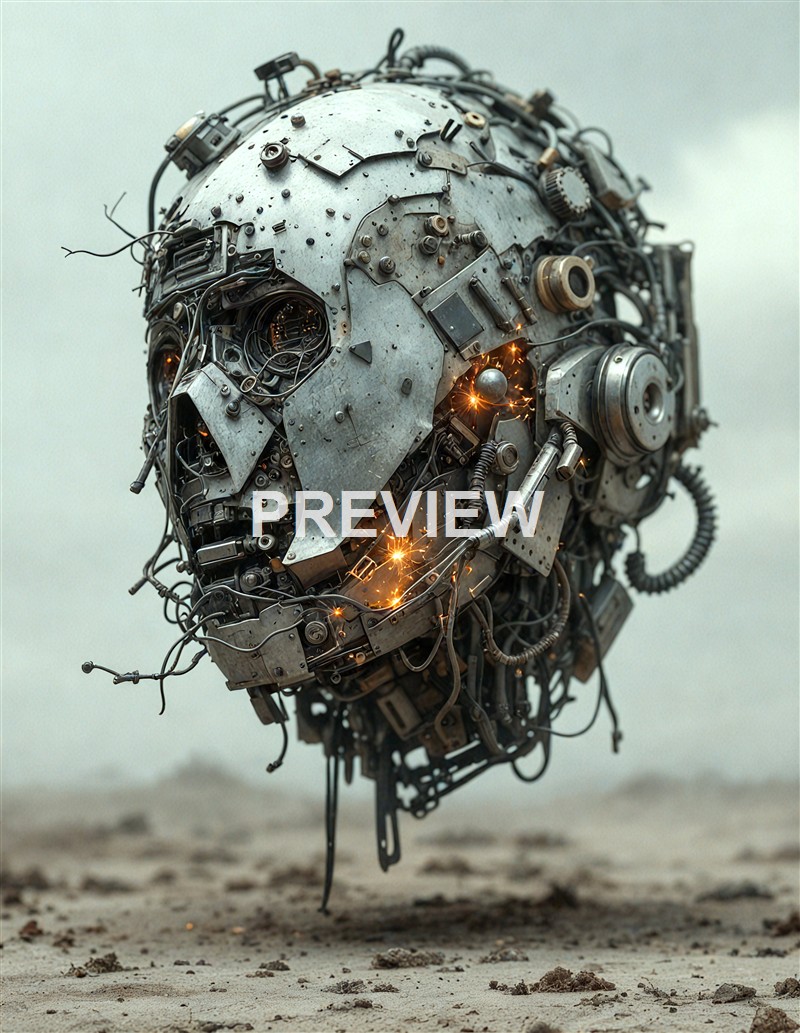 A humanoid robot head made from various metallic parts, wires, and sparks, floating above a sandy ground with a cloudy sky in the background.